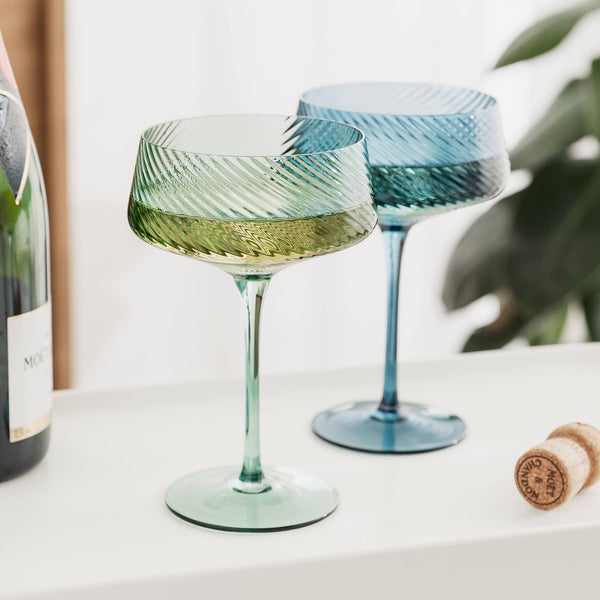 Twist Champagne Coupe Glasses - Set of 2 Blue/Green - Brambles Gift Shop