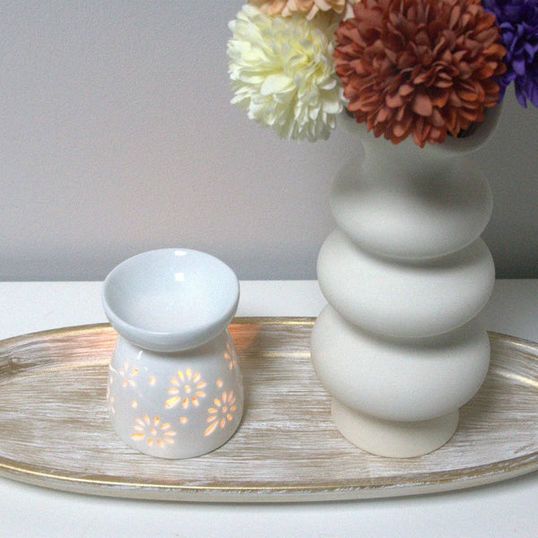 White Ceramic Wax Burner - Daisy Design - Brambles Gift Shop