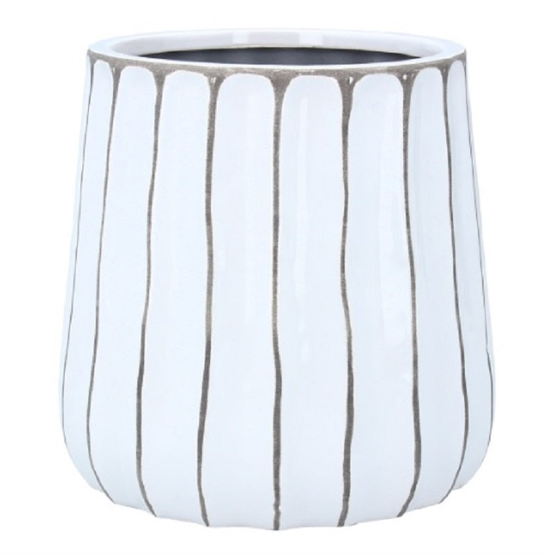 Ceramic Pot Cover 12.5cm - White & Beige Ribbed - Brambles Gift Shop