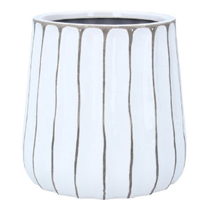 Ceramic Pot Cover 12.5cm - White & Beige Ribbed - Brambles Gift Shop