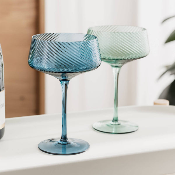 Twist Champagne Coupe Glasses - Set of 2 Blue/Green - Brambles Gift Shop