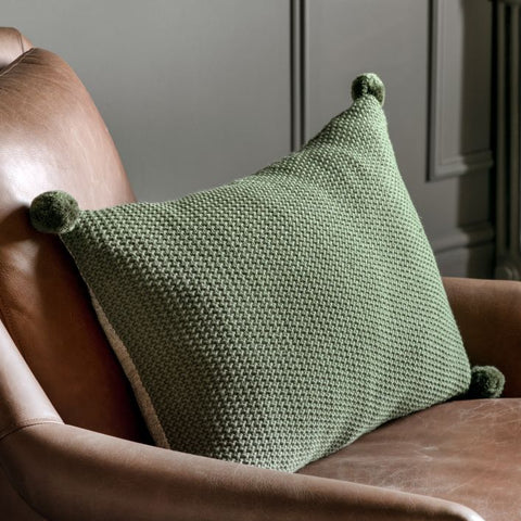 Moss Stitched PomPom Cushion Olive Green