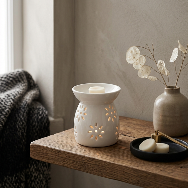 White Ceramic Wax Burner - Daisy Design - Brambles Gift Shop