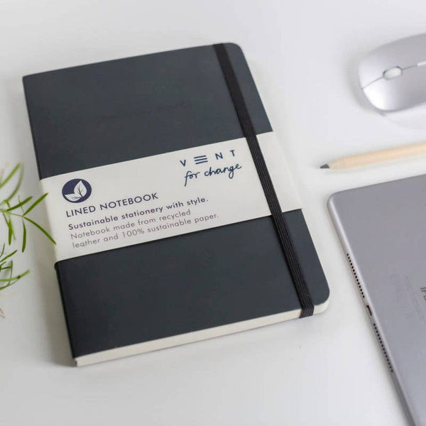 Notebook A5 Recycled Leather Lined  Paper - Charcoal - Brambles Gift Shop