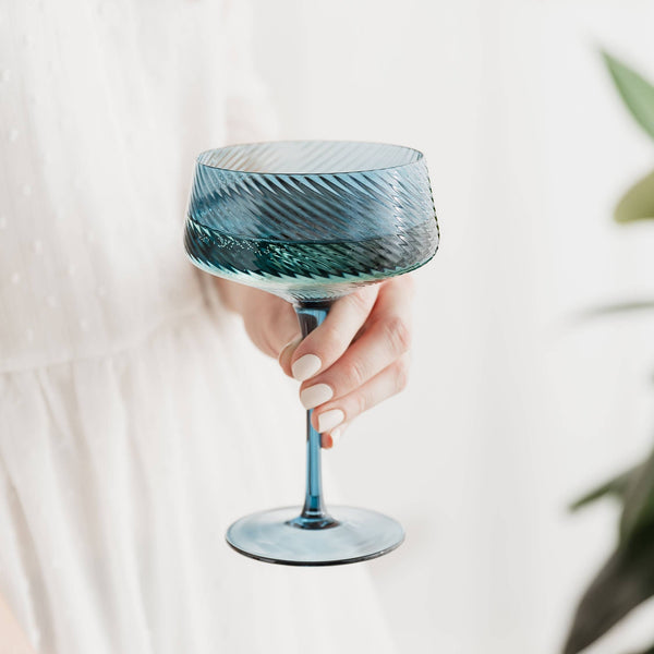Twist Champagne Coupe Glasses - Set of 2 Blue/Green - Brambles Gift Shop