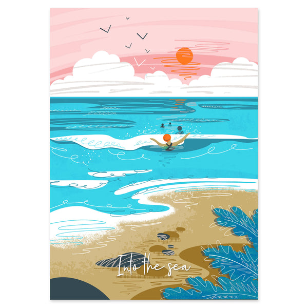 Into the sea poster print - wild swimming print - coastal