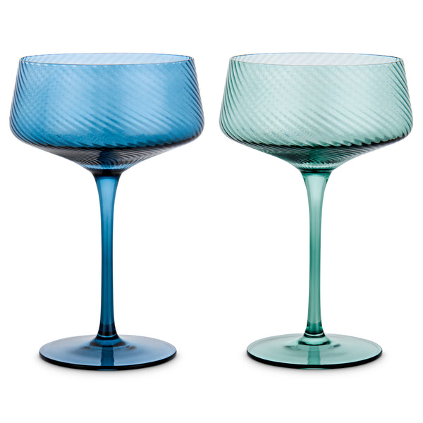 Twist Champagne Coupe Glasses - Set of 2 Blue/Green - Brambles Gift Shop
