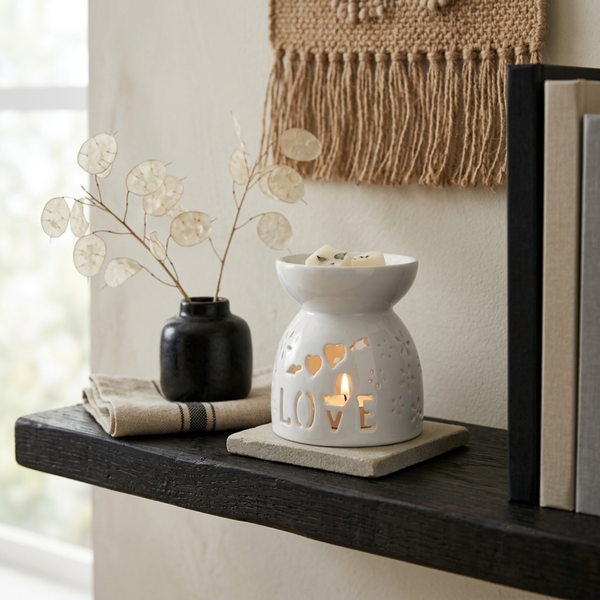 White Ceramic Wax Melt Burner - Love Design - Brambles Gift Shop
