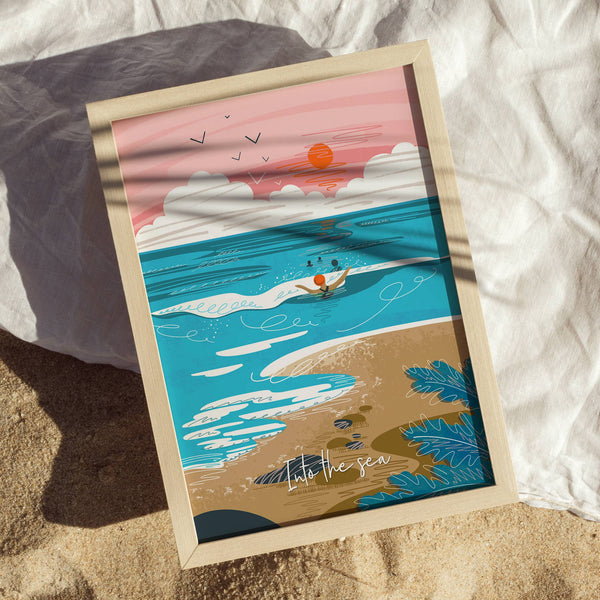 Into the sea poster print - wild swimming print - coastal