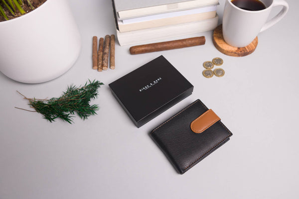 Biggs & Bane Men's Bifold Black & Tan Leather Wallet With Large External Coins Pocket With Gusset