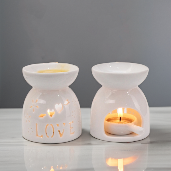 White Ceramic Wax Melt Burner - Love Design - Brambles Gift Shop