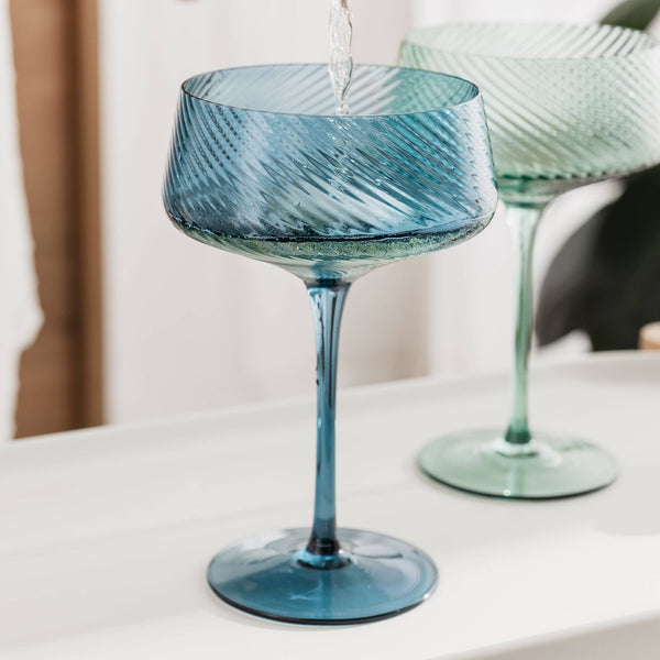Twist Champagne Coupe Glasses - Set of 2 Blue/Green - Brambles Gift Shop