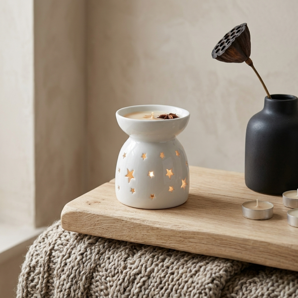 White Ceramic Wax Burner - Stars Design - Brambles Gift Shop
