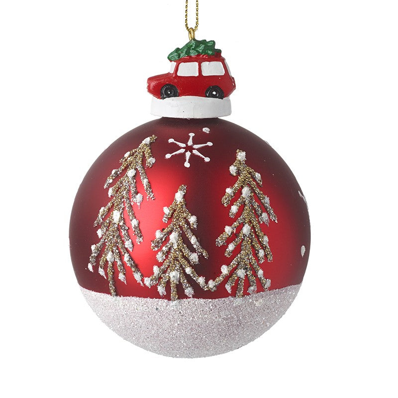 Red And White Bauble With A Car - Brambles Gift Shop