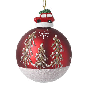 Red And White Bauble With A Car - Brambles Gift Shop