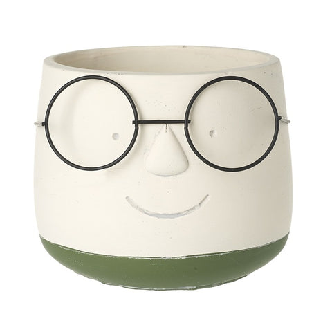 Cement Smiley Face Plant Pot With Glasses - Brambles Gift Shop