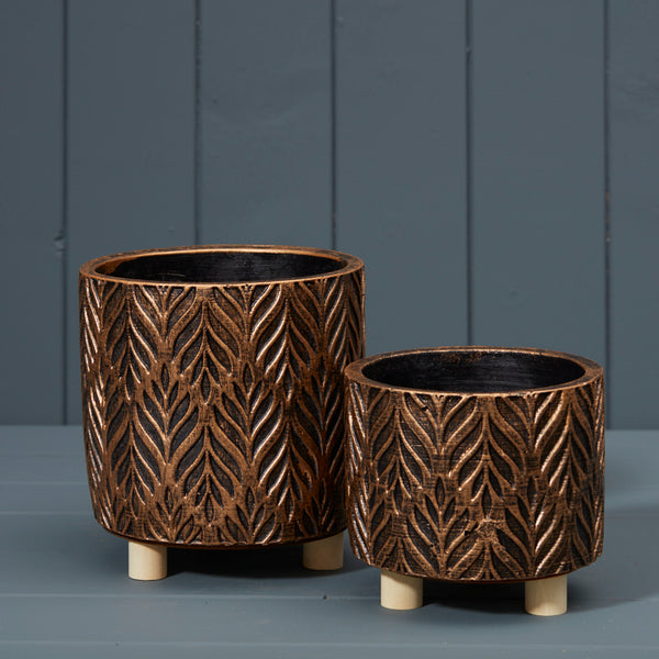 Copper And Black Leaf Print Cement Plant Pot