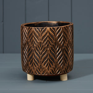 Copper And Black Leaf Print Cement Plant Pot