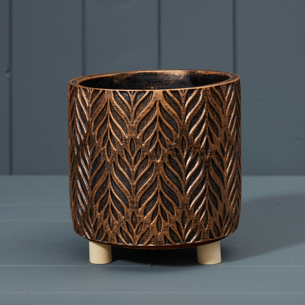 Copper And Black Leaf Print Cement Plant Pot
