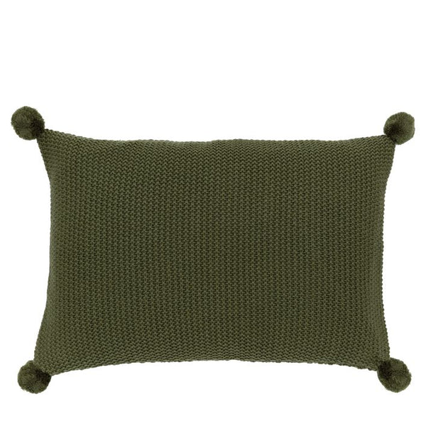 Moss Stitched PomPom Cushion Olive Green