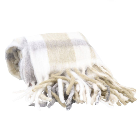 Grey and Taupe Checked Tassel Fringe Cosy Throw