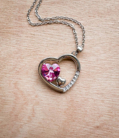 Swarovski Silver and Pink Heart Necklace - Brambles Gift Shop