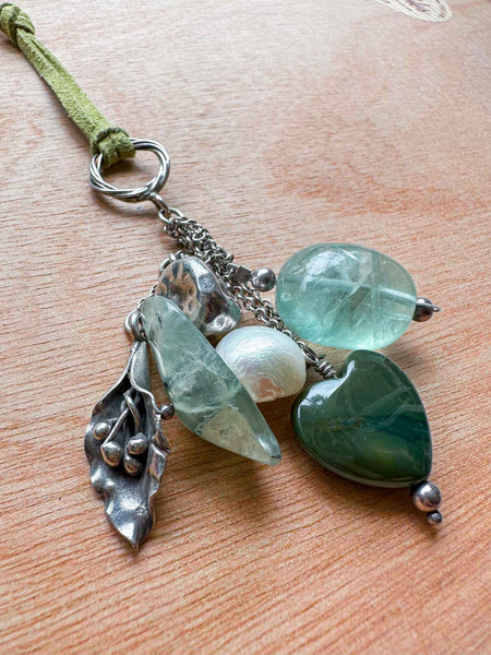 Green Gemstone & Pearl Lily Charm Necklace - Brambles Gift Shop