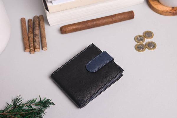 Biggs & Bane Men's Bifold Black & Navy Leather Wallet With Large External Coins Pocket With Gusset