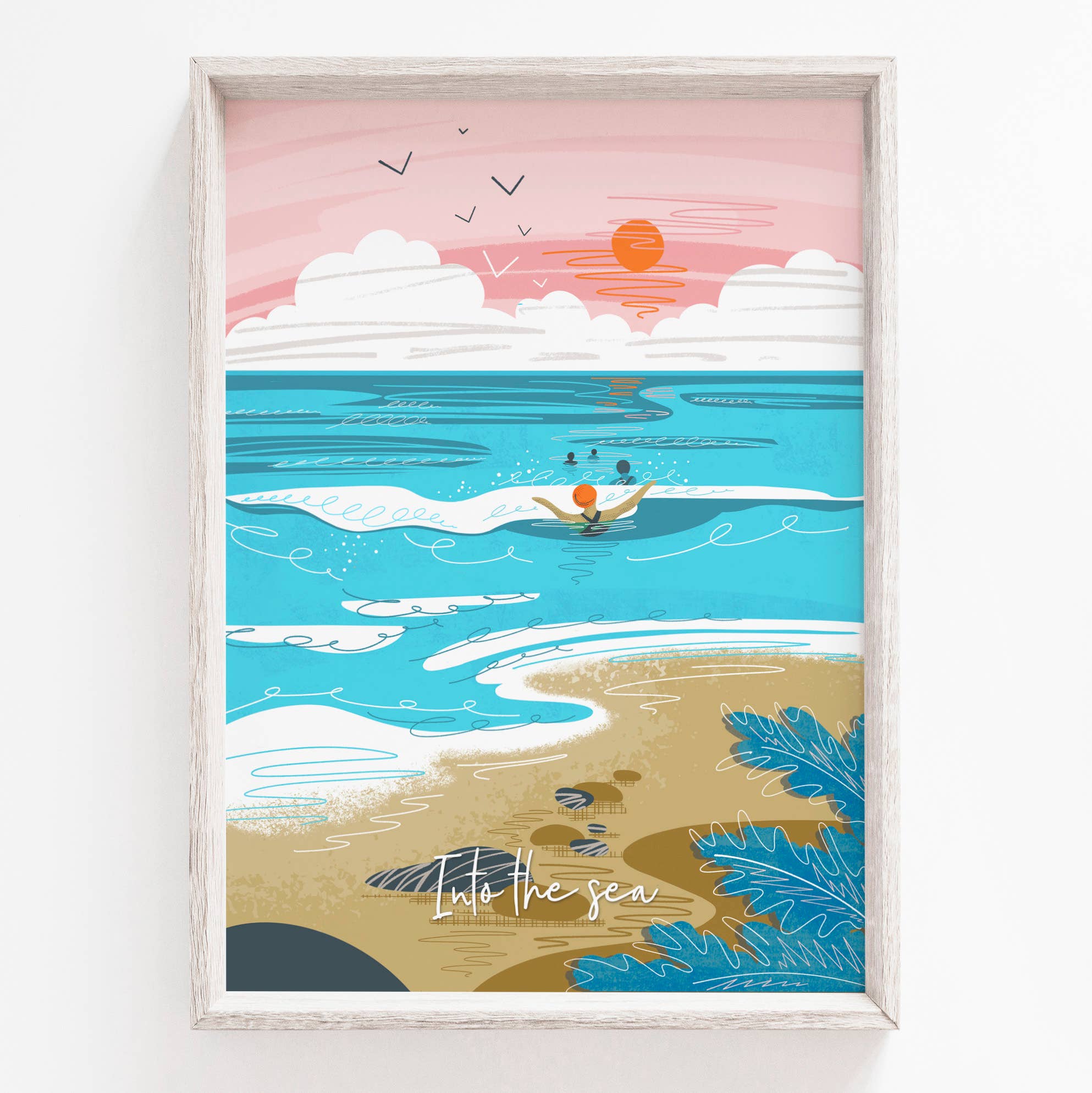 Into the sea poster print - wild swimming print - coastal