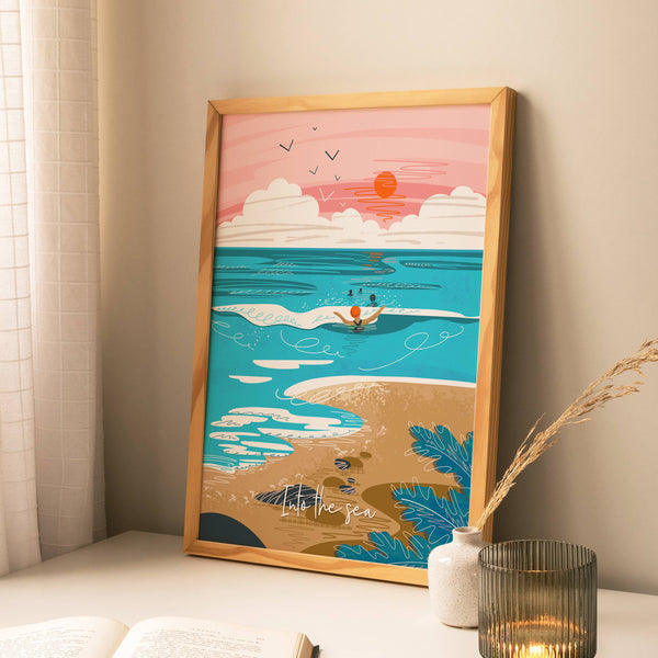 Into the sea poster print - wild swimming print - coastal