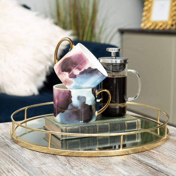 Set of Two Watercolour Design Mugs in Gold Handles in Gift Box (MO) 1PK - Brambles Gift Shop