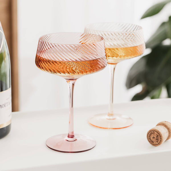Twist Champagne Coupe Glasses - Set of 2 Pink/Peach - Brambles Gift Shop