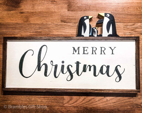 'Merry Christmas' Penguins Handmade Wooden Sign - Brambles Gift Shop