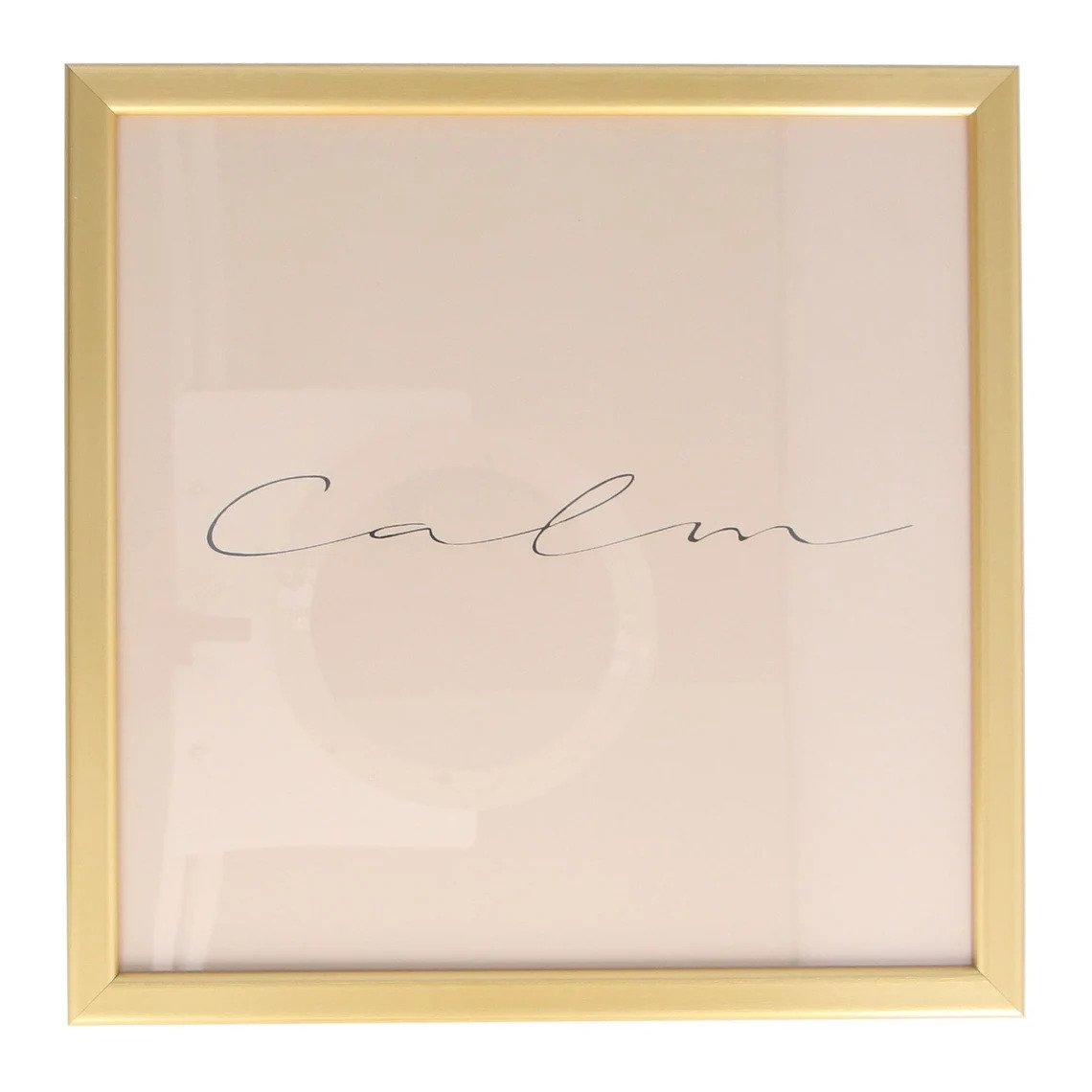 A square 'Calm' gold framed print.The word calm is in a simple black script font, across a dusky pink background. It has a simple elegant gold frame.