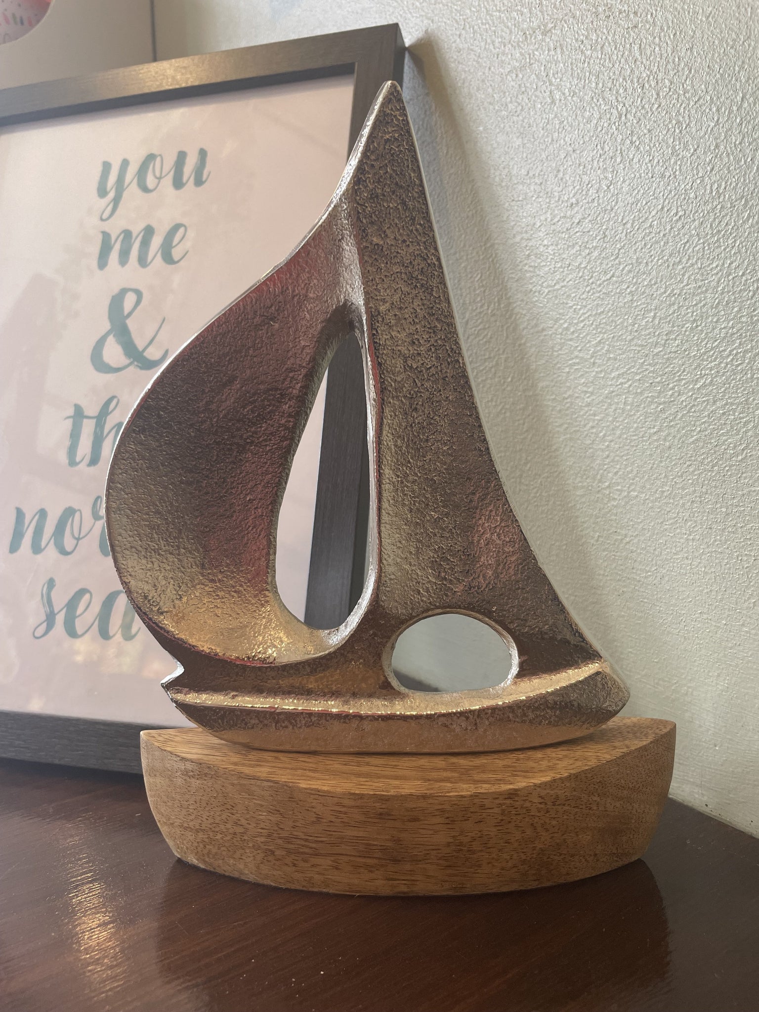 Silver metal boat on wooden base - Brambles Gift Shop